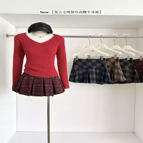 노브랜드 복고 울 터치 체크 하이웨이스트 플리츠 미니 스커트