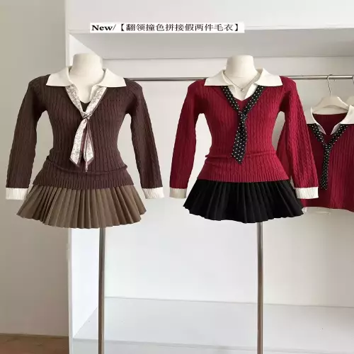노브랜드 폴로카라 배색 레이어드 스타일 케이블 니트
