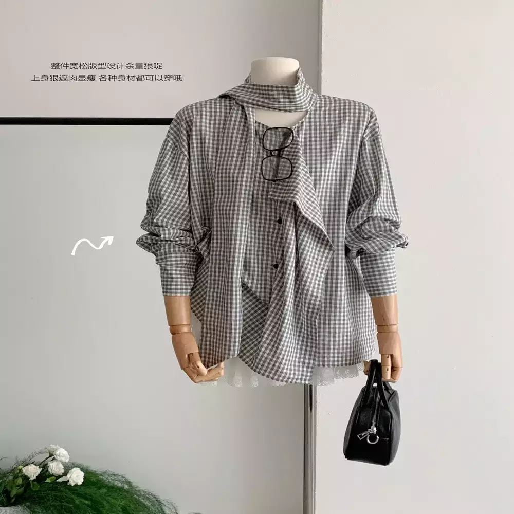 노브랜드 천체크 리본 타이 루즈핏 언밸런스 셔츠