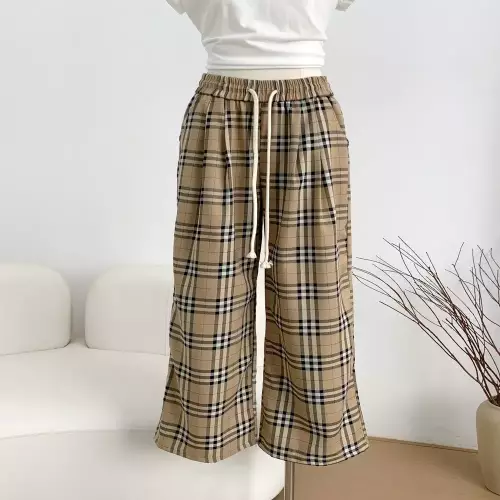 노브랜드 체크 밴딩 스트링 하이웨스트 와이드 팬츠